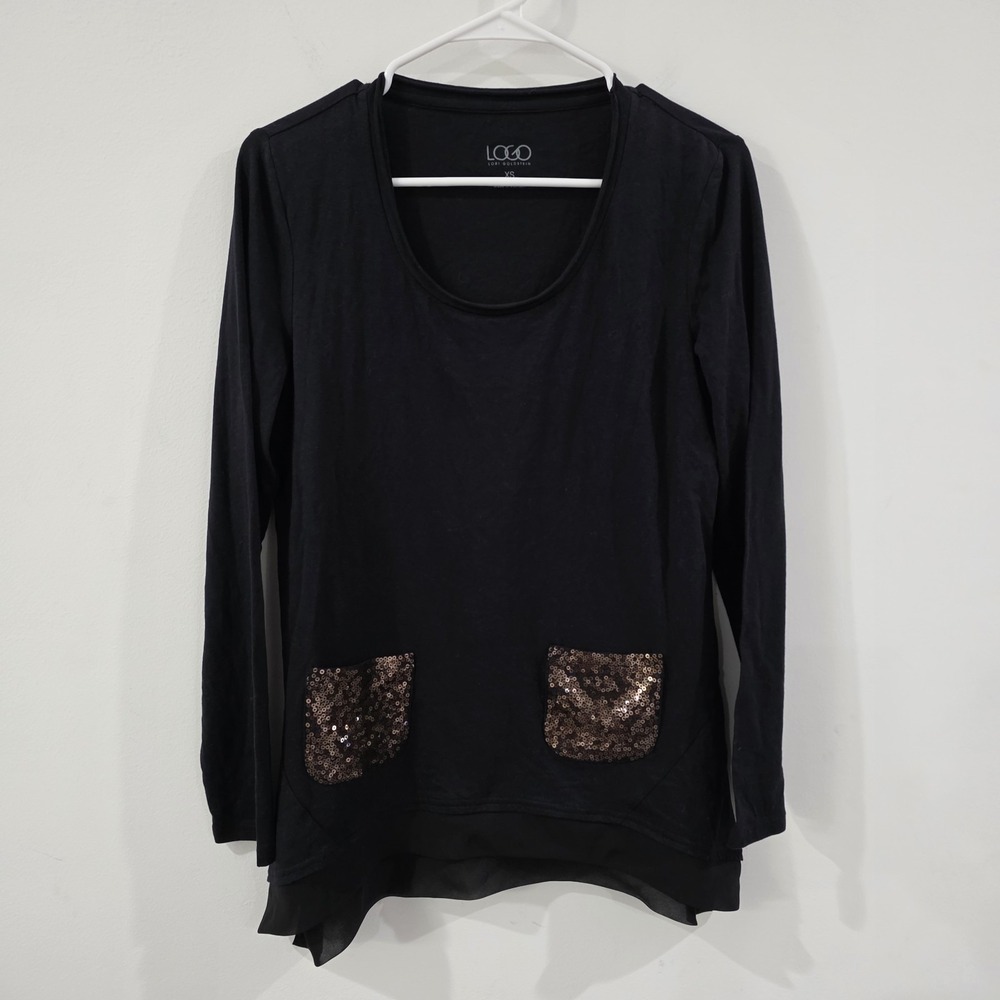 Logo Lori Goldstein Womens Tunic Top Size Xs Sequins Black Pockets